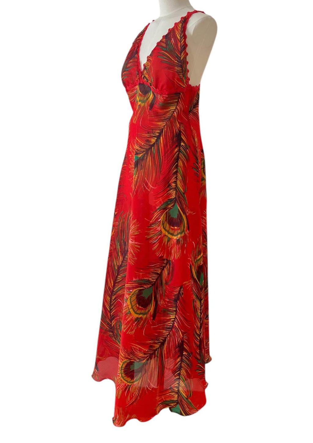 Abito estivo vintage rosso con stampa piume di pavone