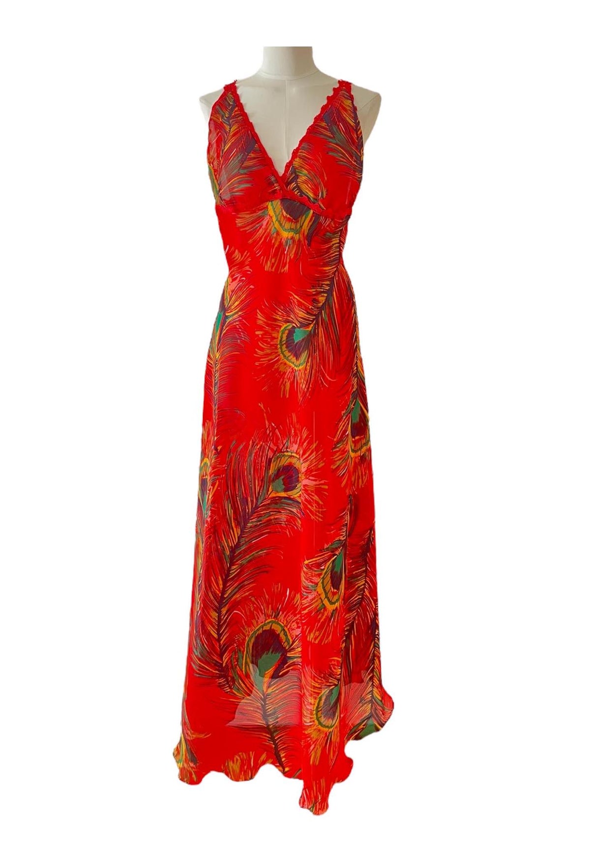 Abito estivo vintage rosso con stampa piume di pavone