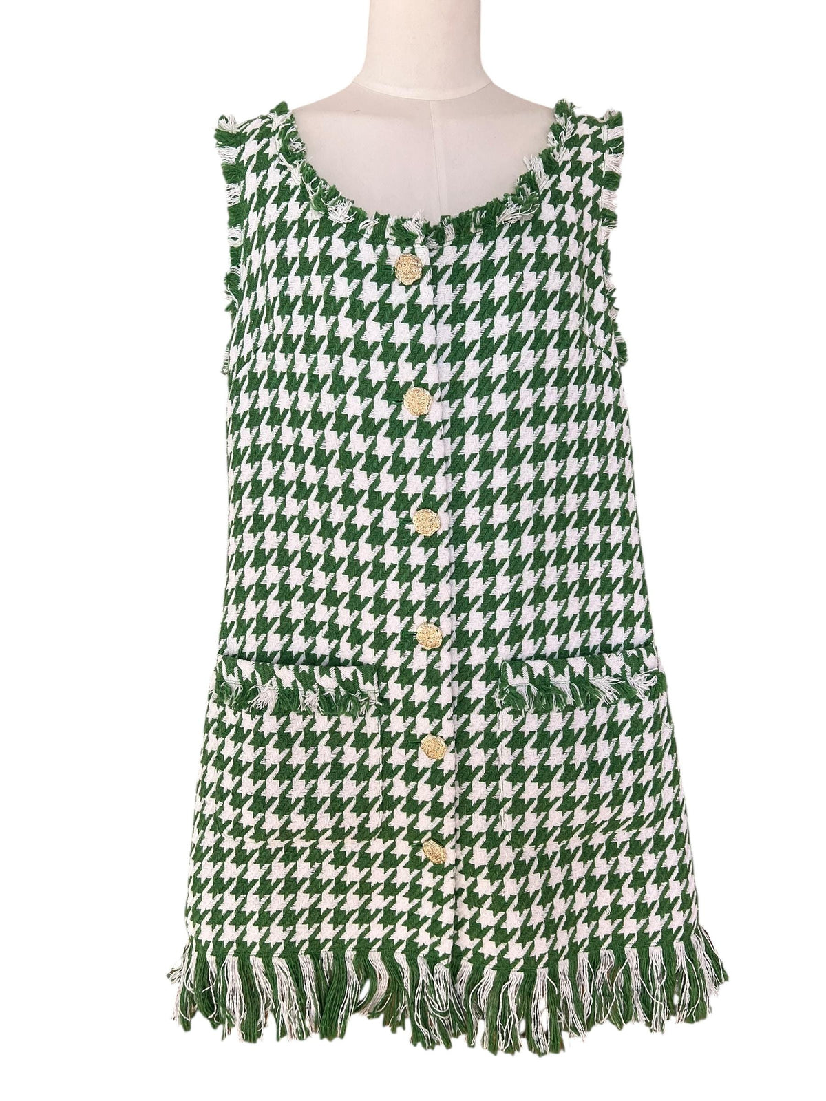 Mini abito Pied-de-Poule con fondo, scollo, giro manica e taschine sfrangiati