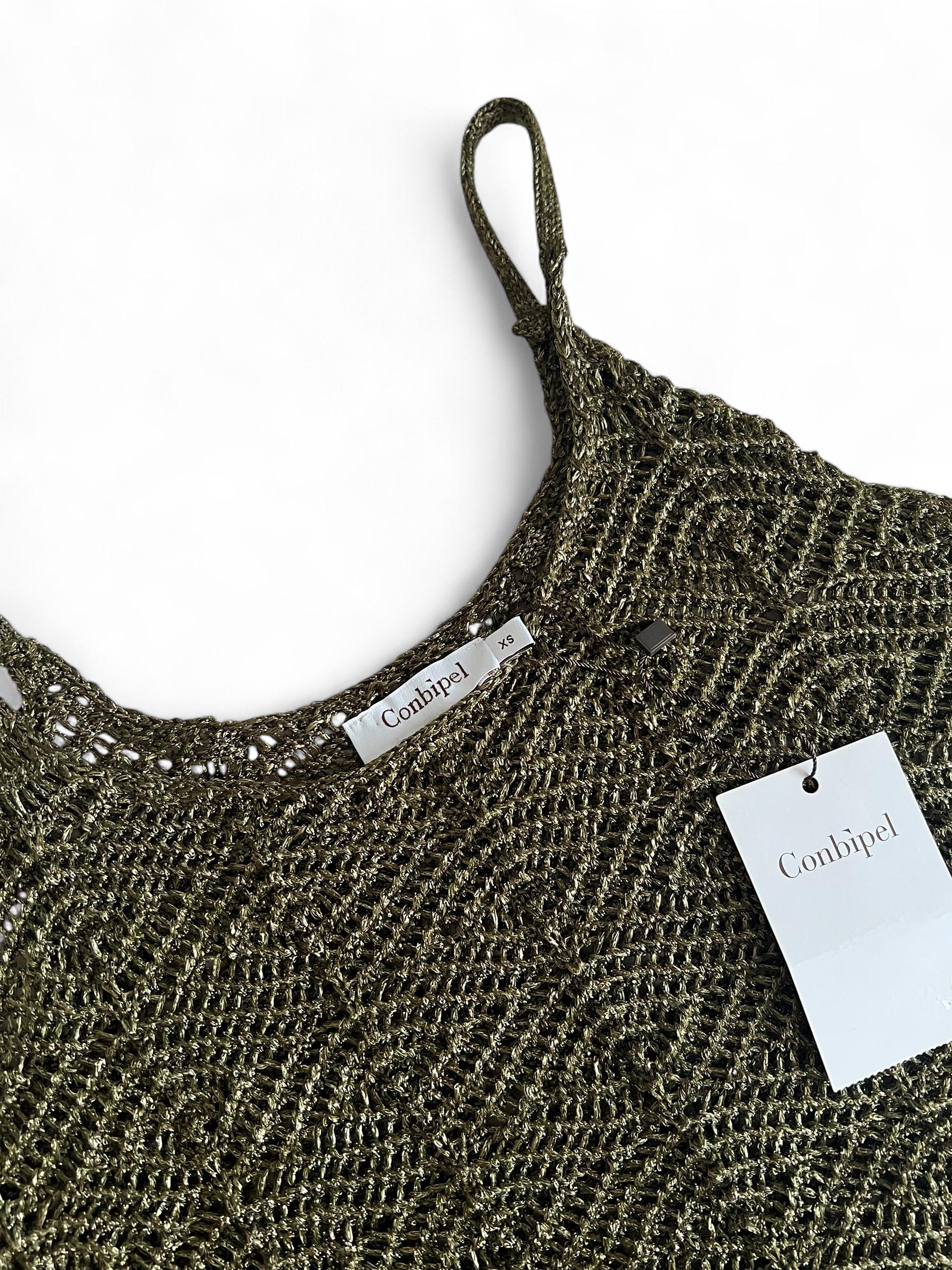 Top crochet color verde oliva, spalline sottili, scollo rotondo