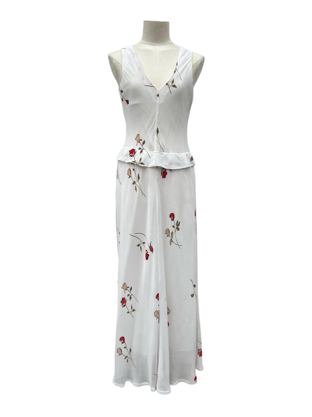 Abito lungo bianco con fantasia rose rosse