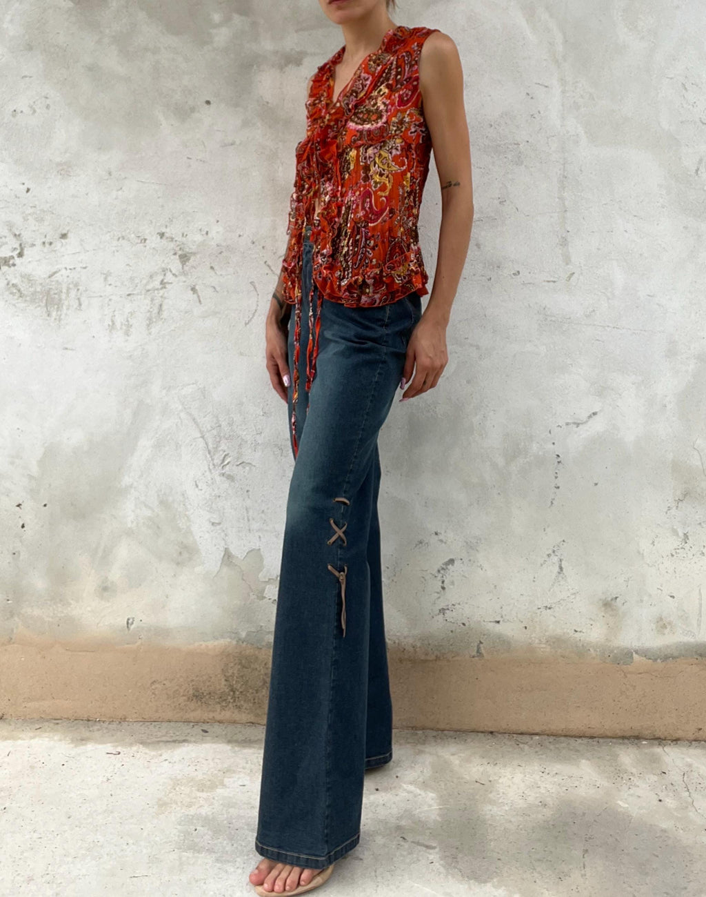 Jeans Vintage in Denim Blu con Laccio Laterale