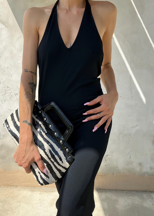 Abito vintage nero lungo fino ai piedi con scollo all'americana e schiena scoperta