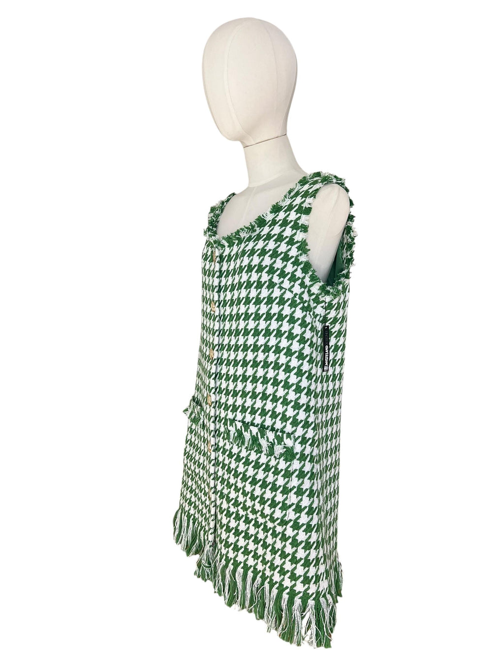 Mini abito Pied-de-Poule con fondo, scollo, giro manica e taschine sfrangiati