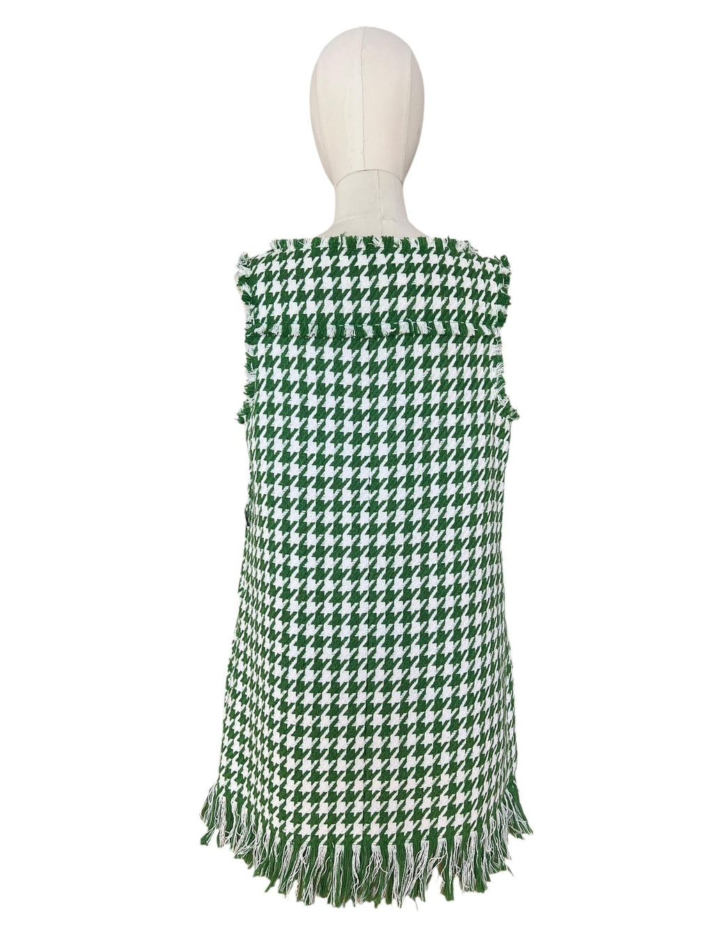 Mini abito Pied-de-Poule con fondo, scollo, giro manica e taschine sfrangiati