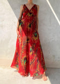 Abito estivo vintage rosso con stampa piume di pavone