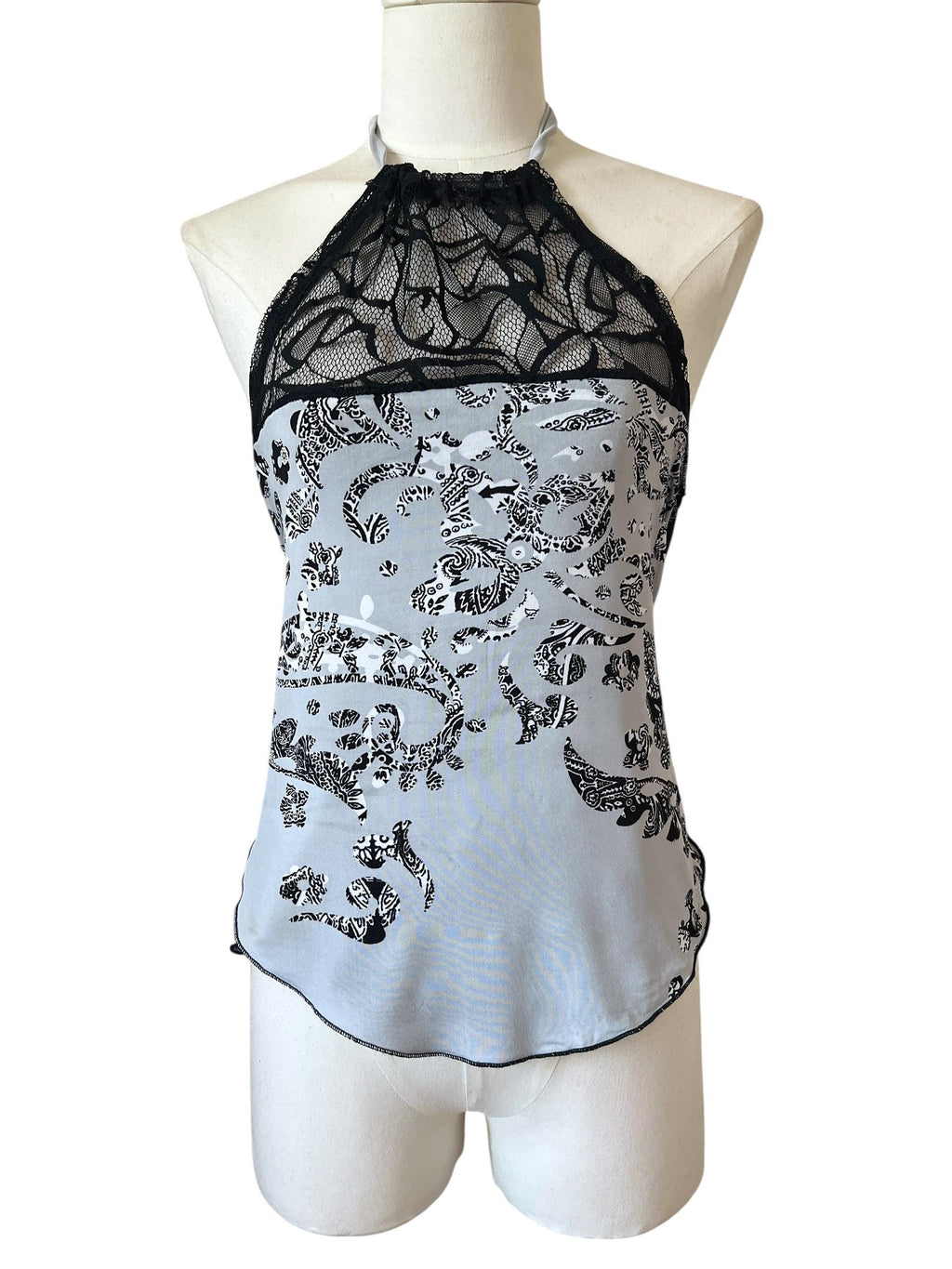 Top bandana con pizzo e fantasia paisley in grigio