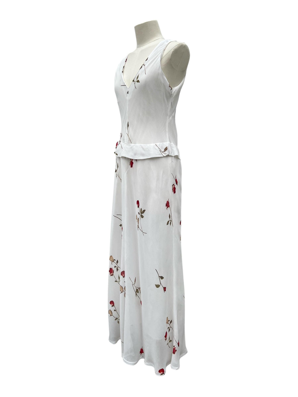 Abito lungo bianco con fantasia rose rosse