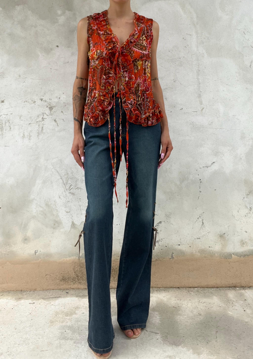 Jeans Vintage in Denim Blu con Laccio Laterale