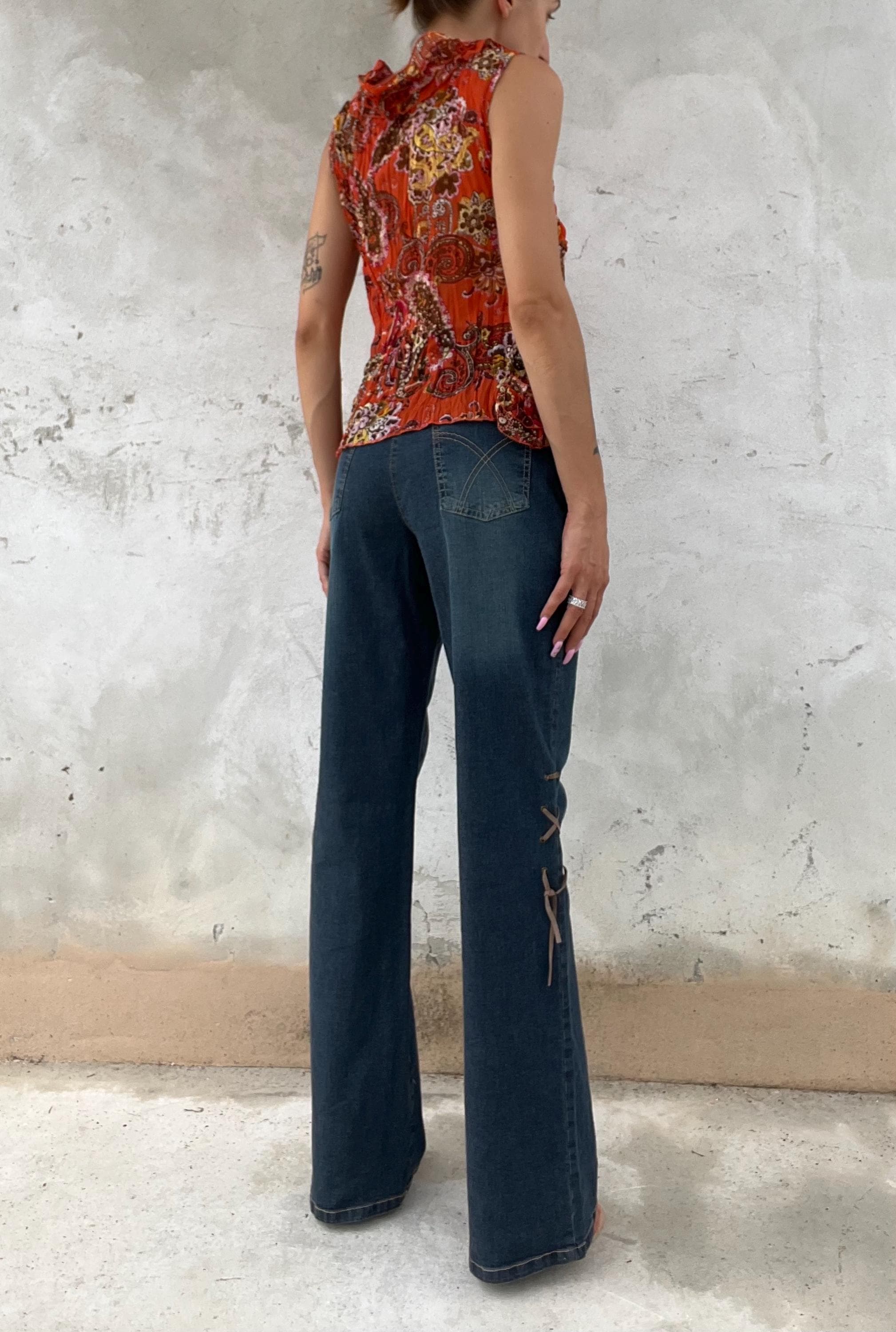 Jeans Vintage in Denim Blu con Laccio Laterale