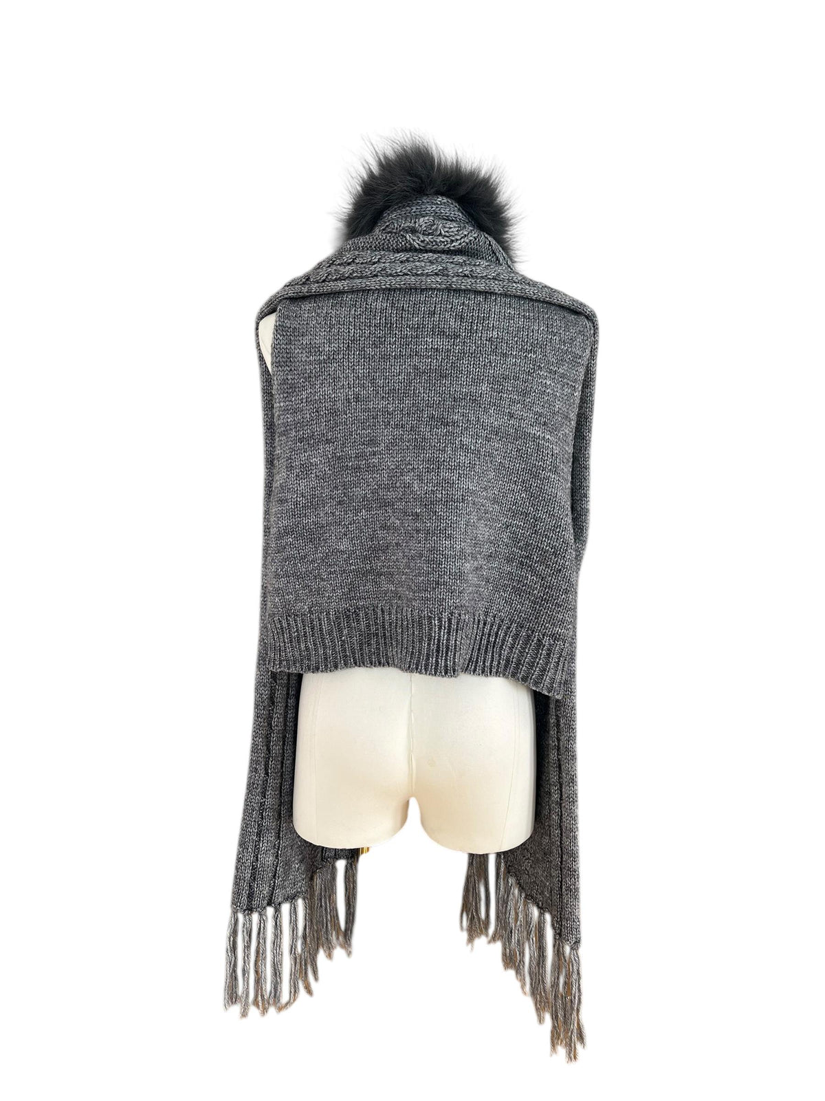 Cardigan grigio con frangie e bordo pelliccia sintetica
