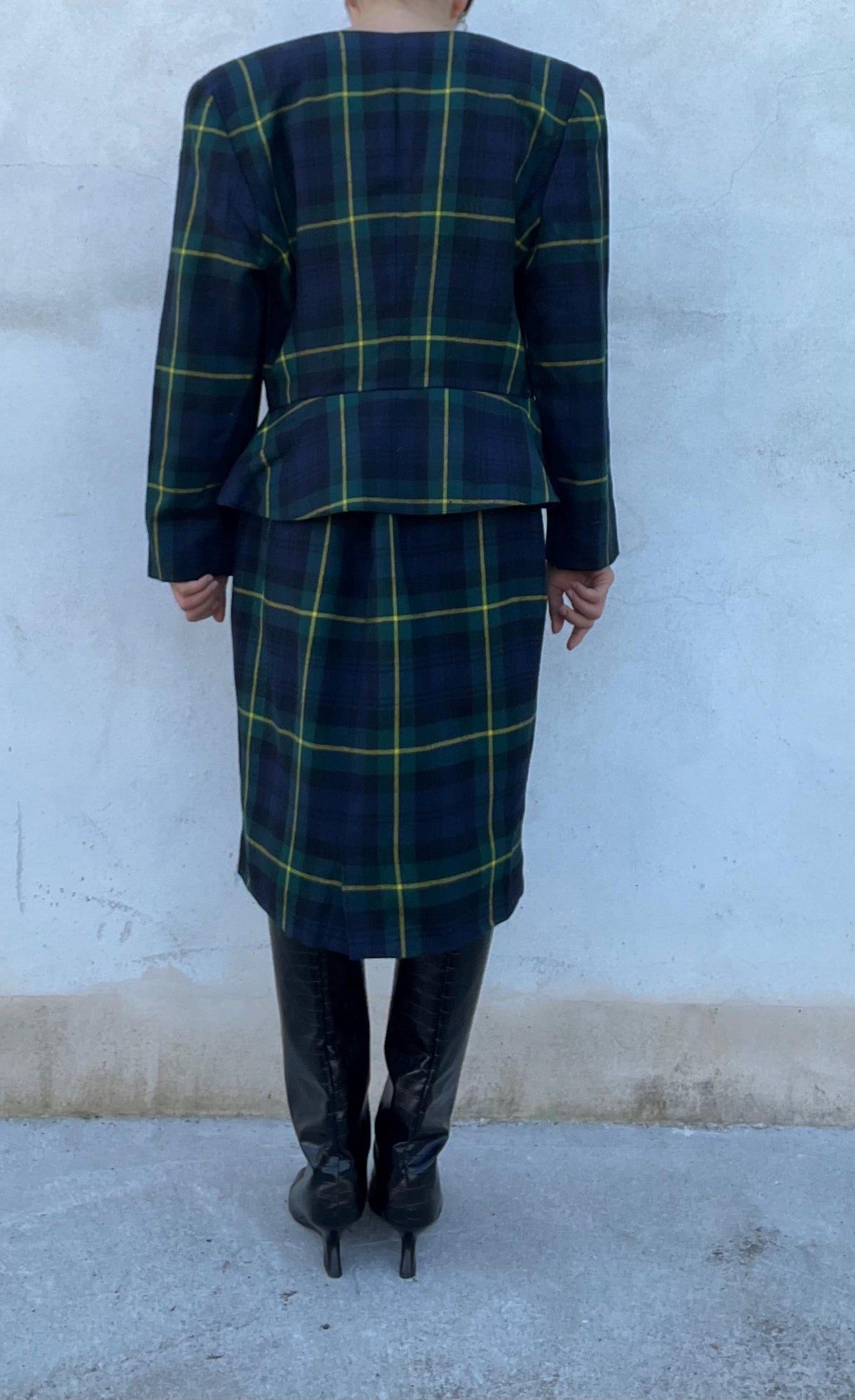 Completo vintage check di pura lana, colori blu, verde con contrasti gialli