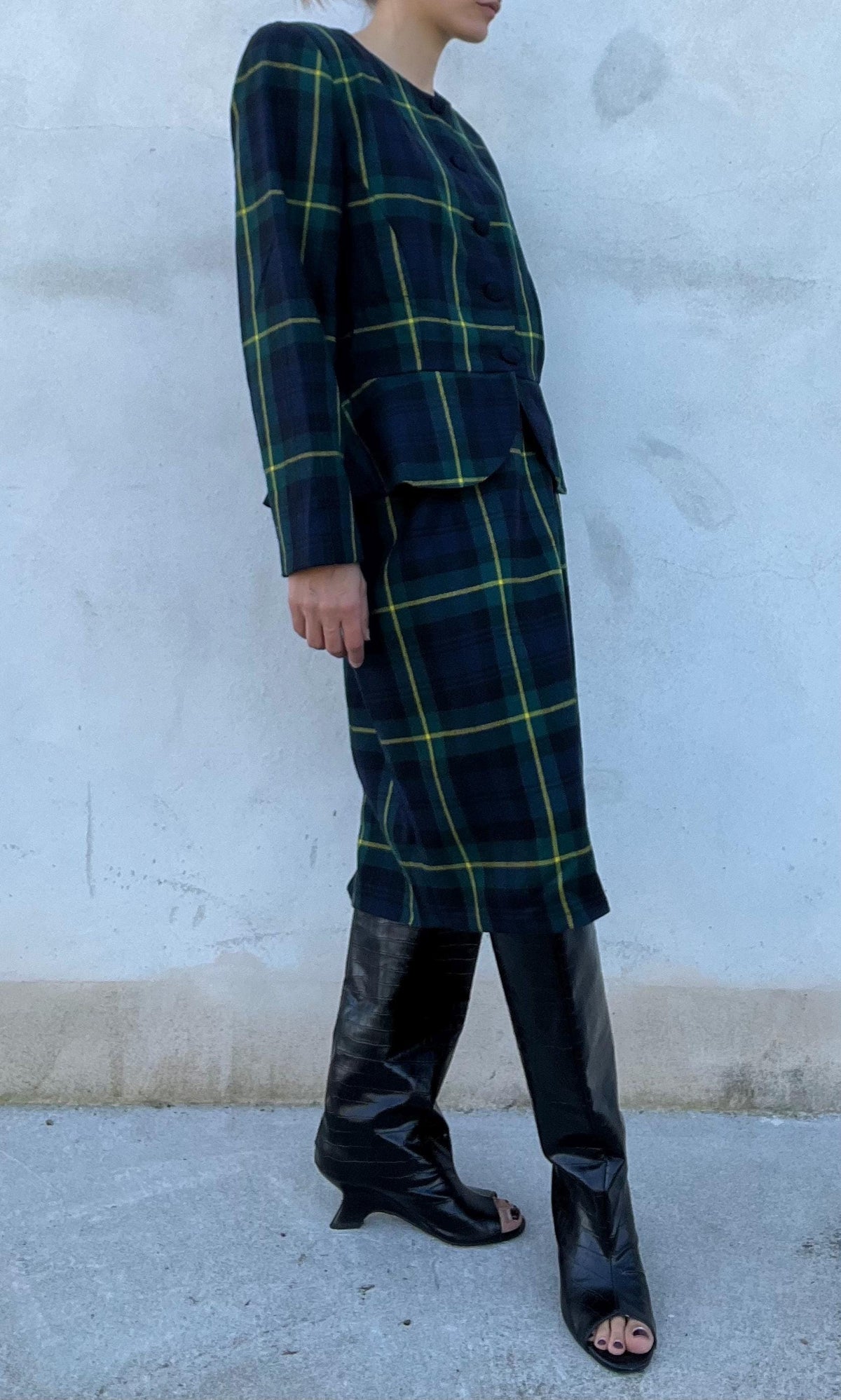 Completo vintage check di pura lana, colori blu, verde con contrasti gialli