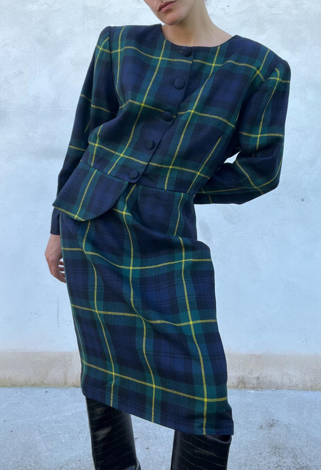 Completo vintage check di pura lana, colori blu, verde con contrasti gialli