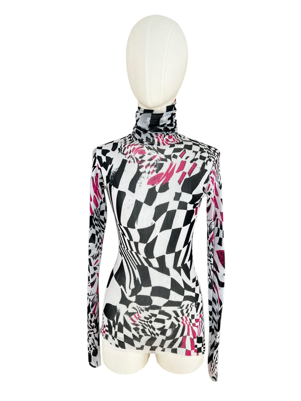 Mesh top anni 2000 stampato con fantasia psichedelica