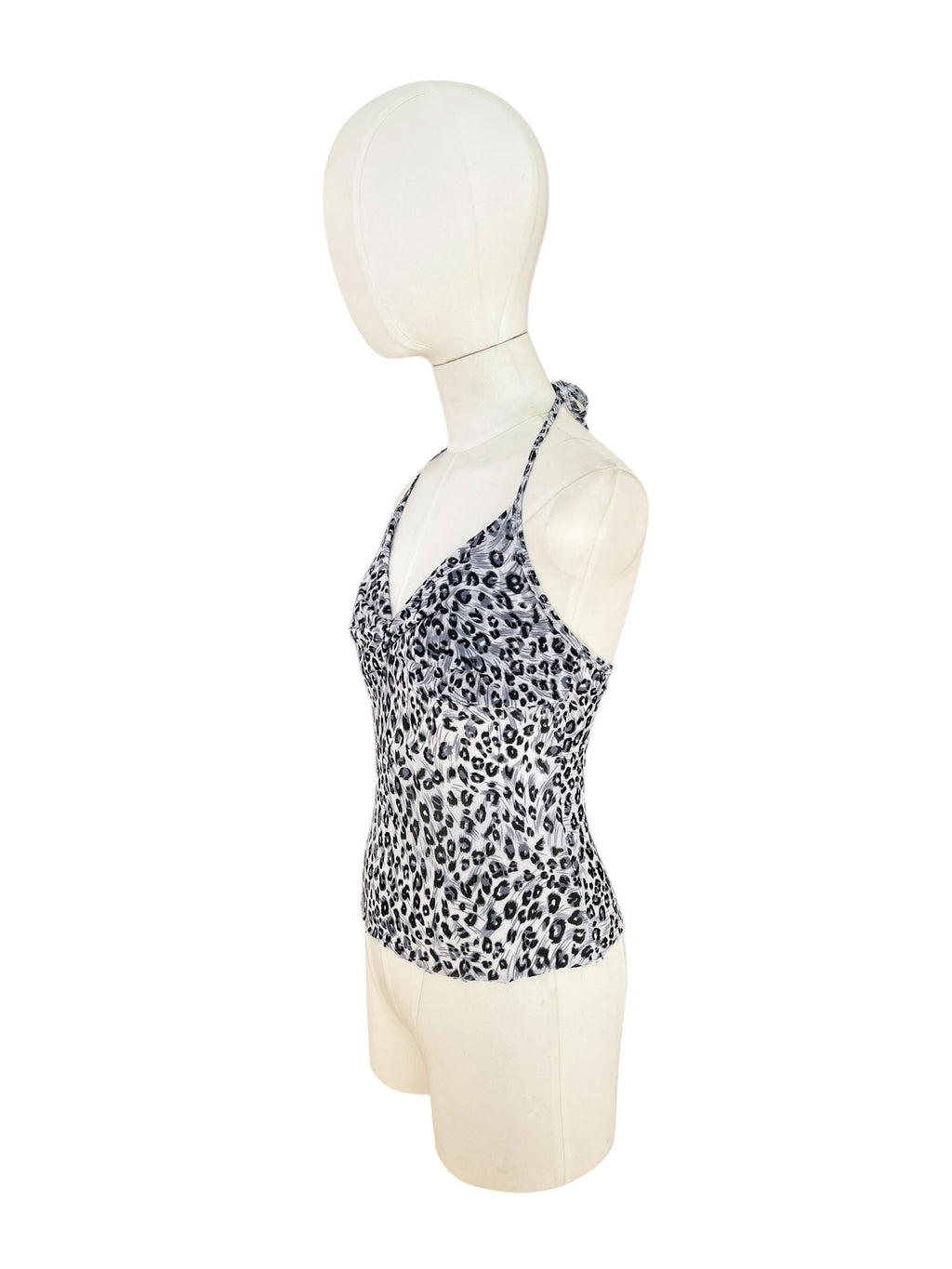 Top leggero di viscosa stampato fantasia leopardata Y2K style con scollo drappeggiato e chiusura con