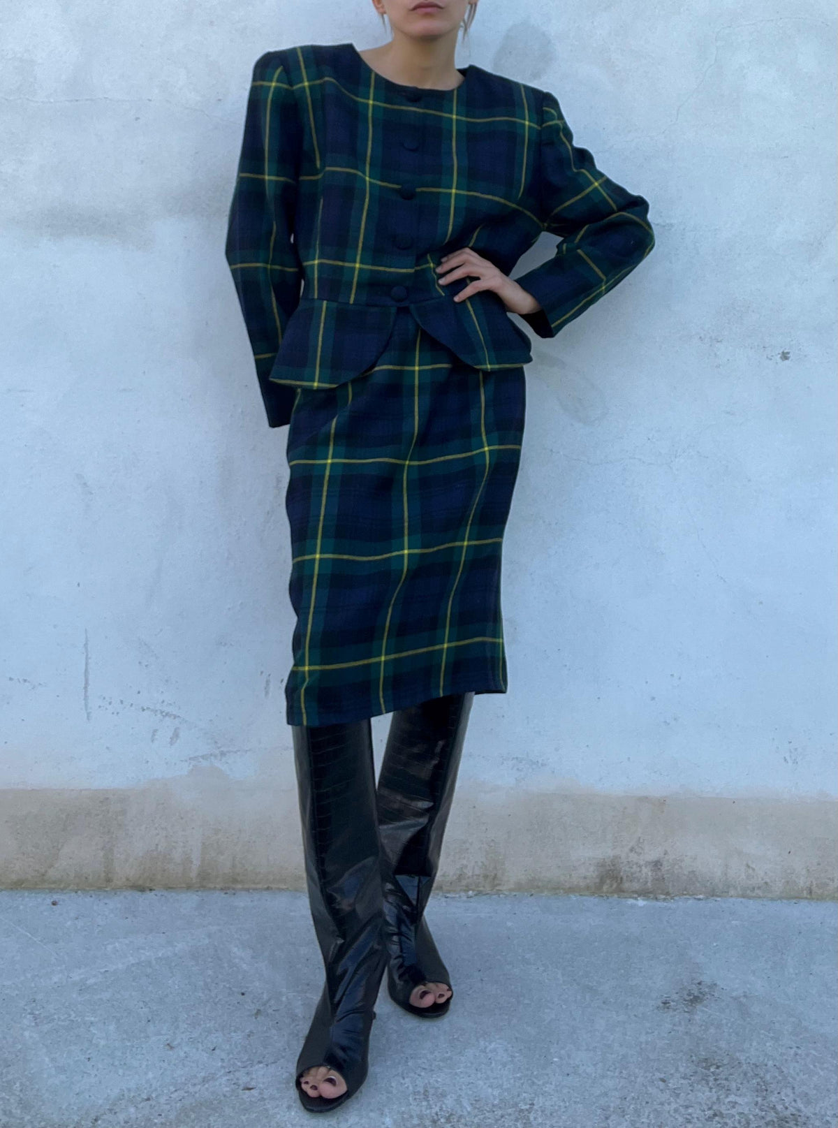Completo vintage check di pura lana, colori blu, verde con contrasti gialli