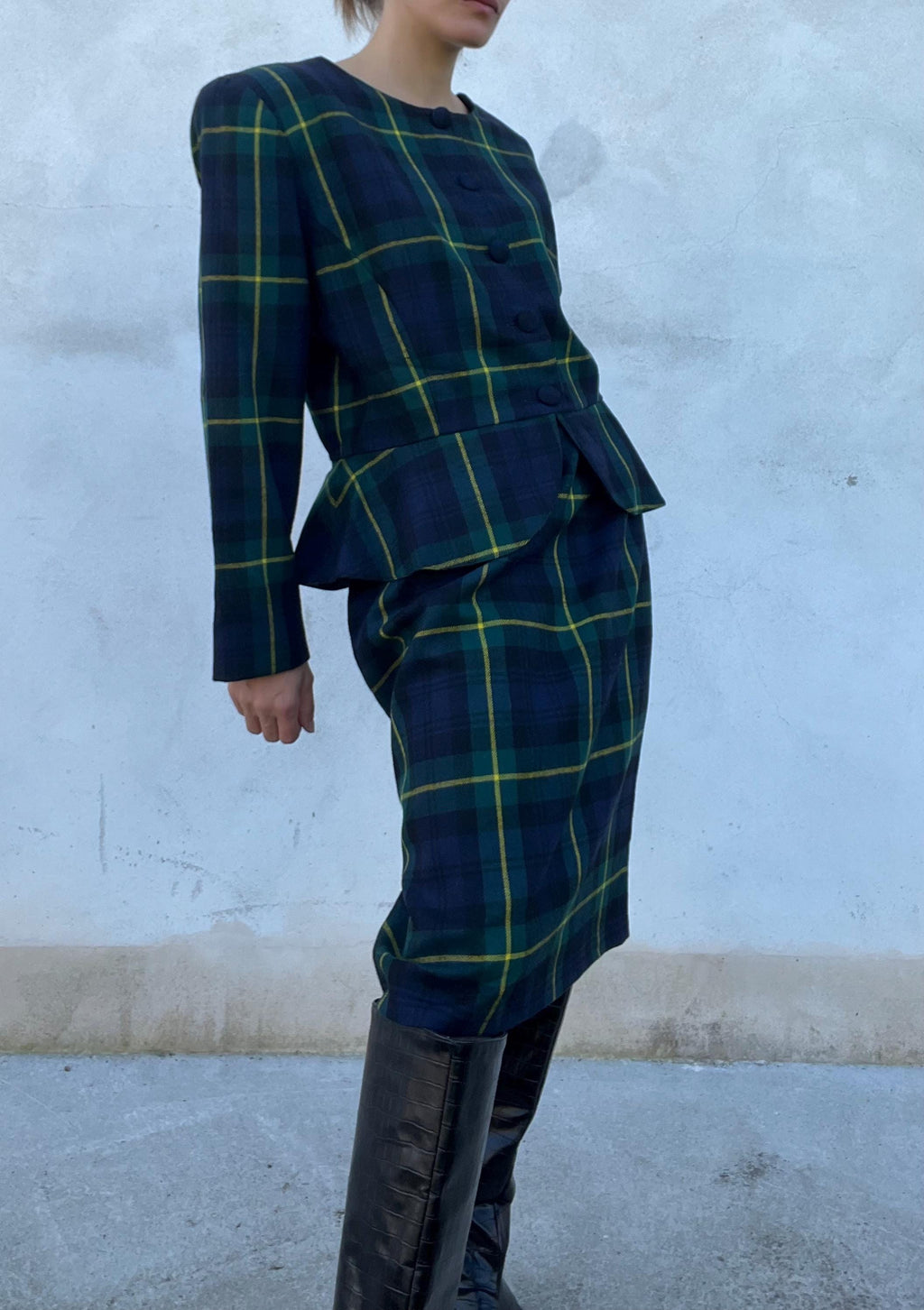 Completo vintage check di pura lana, colori blu, verde con contrasti gialli