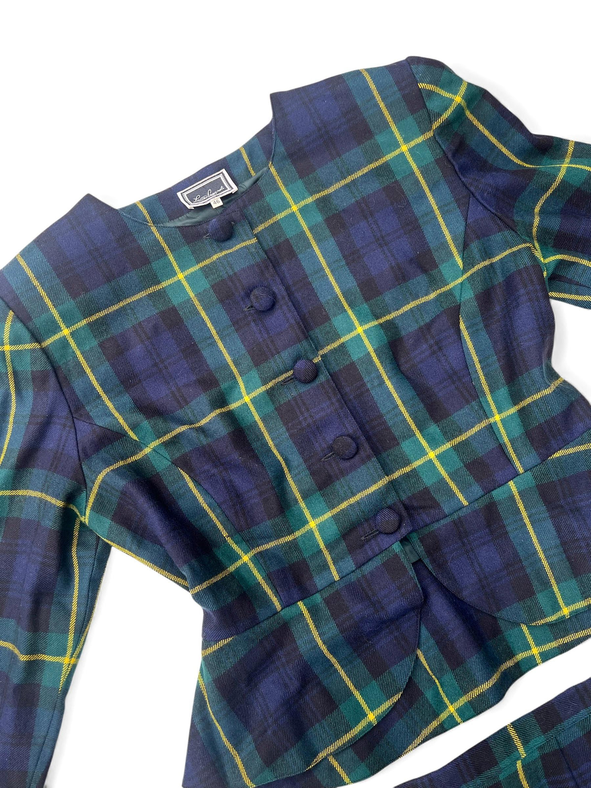 Completo vintage check di pura lana, colori blu, verde con contrasti gialli