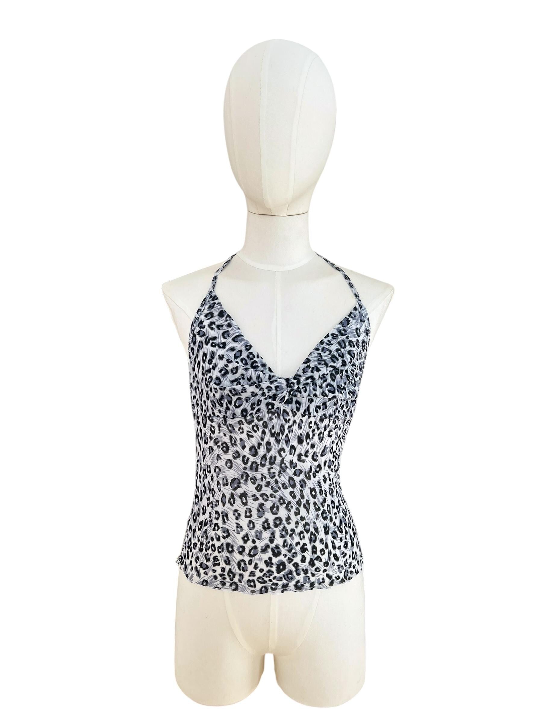 Top leggero di viscosa stampato fantasia leopardata Y2K style con scollo drappeggiato e chiusura con