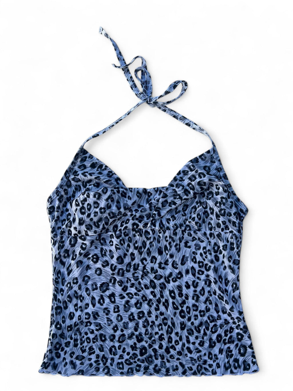Top leggero di viscosa stampato fantasia leopardata Y2K style con scollo drappeggiato e chiusura con