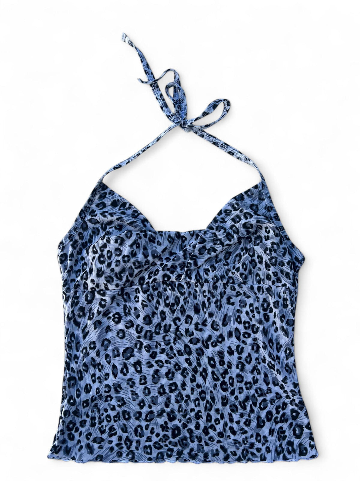 Top leggero di viscosa stampato fantasia leopardata Y2K style con scollo drappeggiato e chiusura con