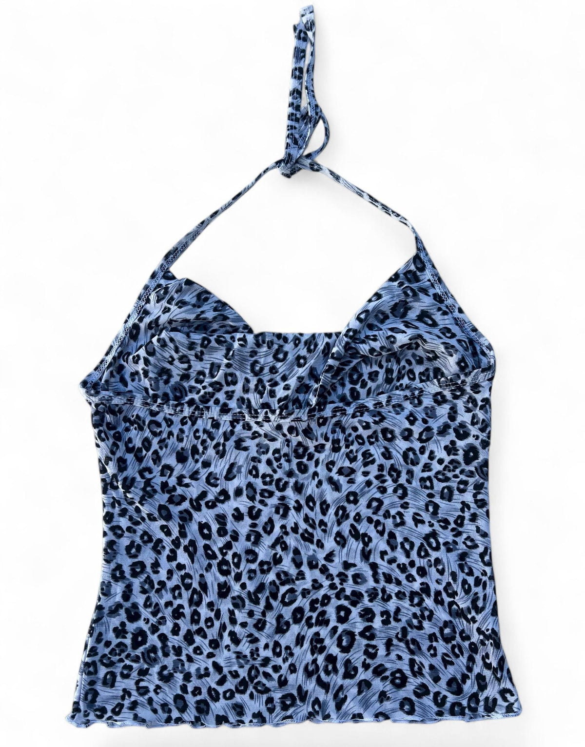 Top leggero di viscosa stampato fantasia leopardata Y2K style con scollo drappeggiato e chiusura con