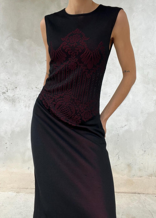 Abito vintage Escada lungo in maglia jacquard nero e rosso