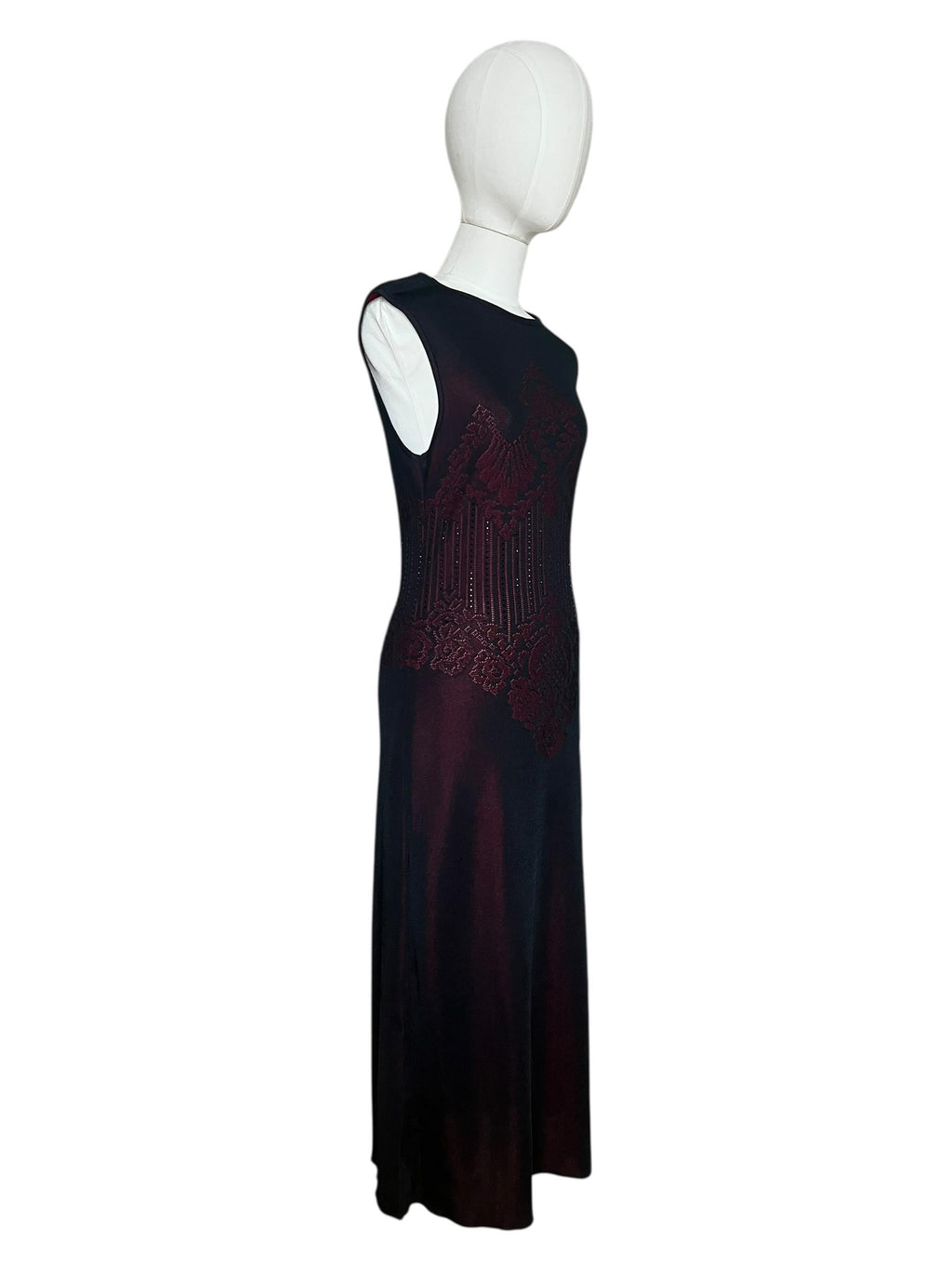 Abito vintage Escada lungo in maglia jacquard nero e rosso