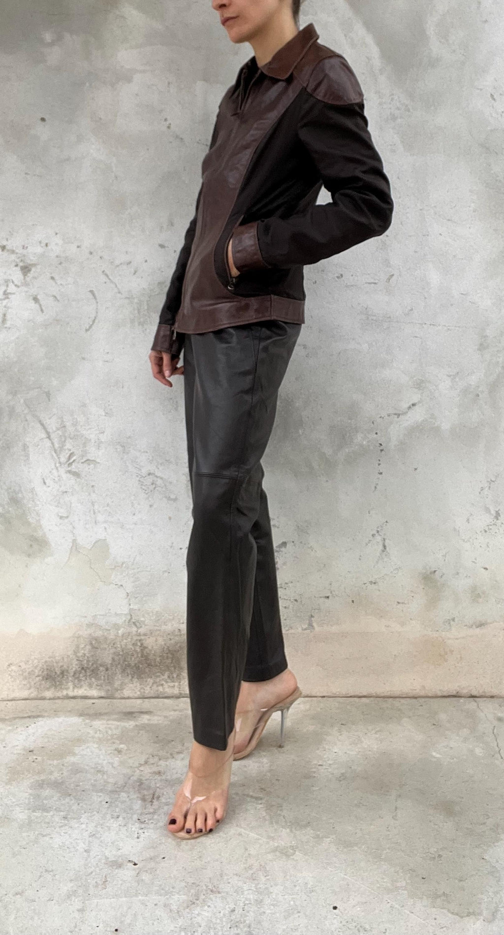 Giacca Vintage Y2K in Pelle Marrone con Inserti Tecnici