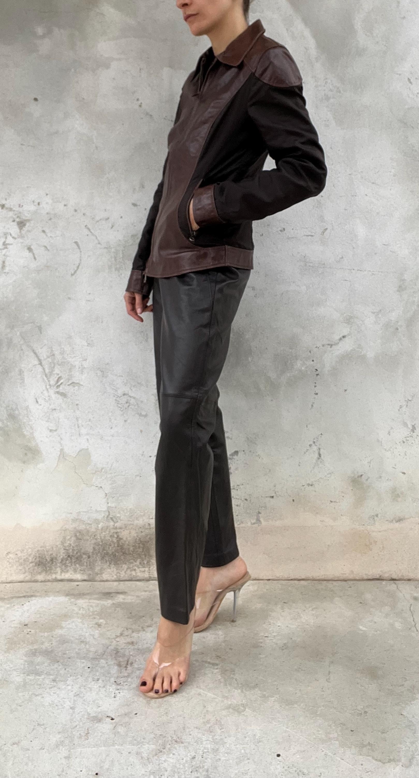 Giacca Vintage Y2K in Pelle Marrone con Inserti Tecnici