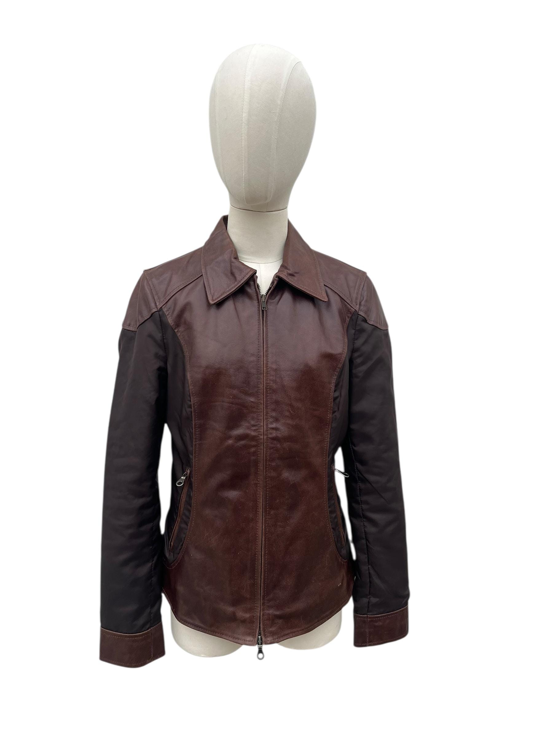 Giacca Vintage Y2K in Pelle Marrone con Inserti Tecnici