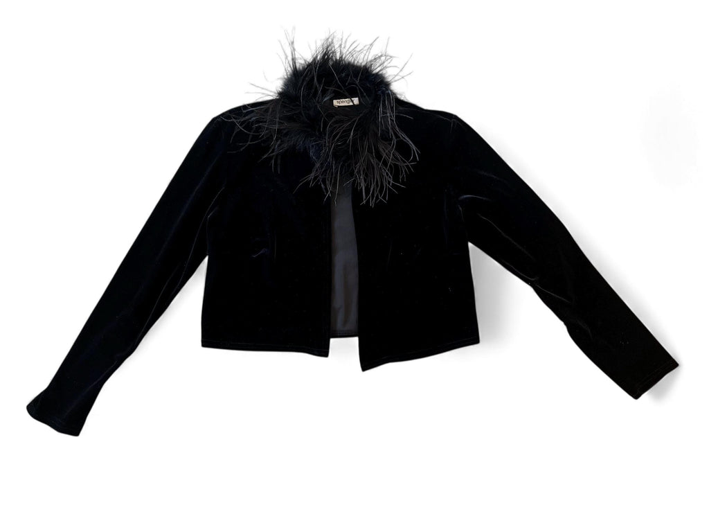 Top in velluto con collo piume