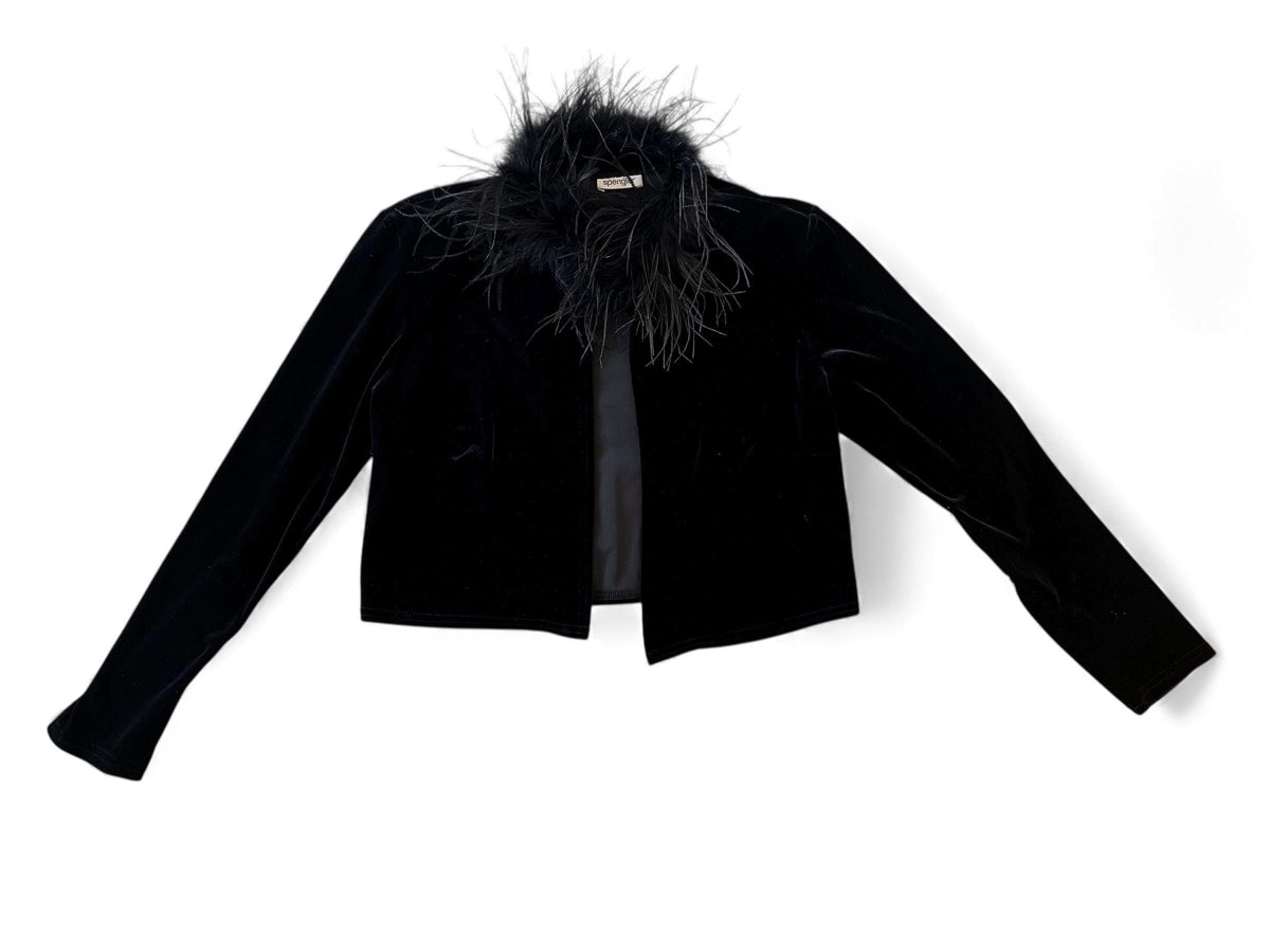 Top in velluto con collo piume