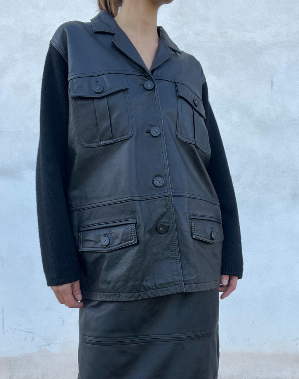 Giacca in pelle con inserti in maglia