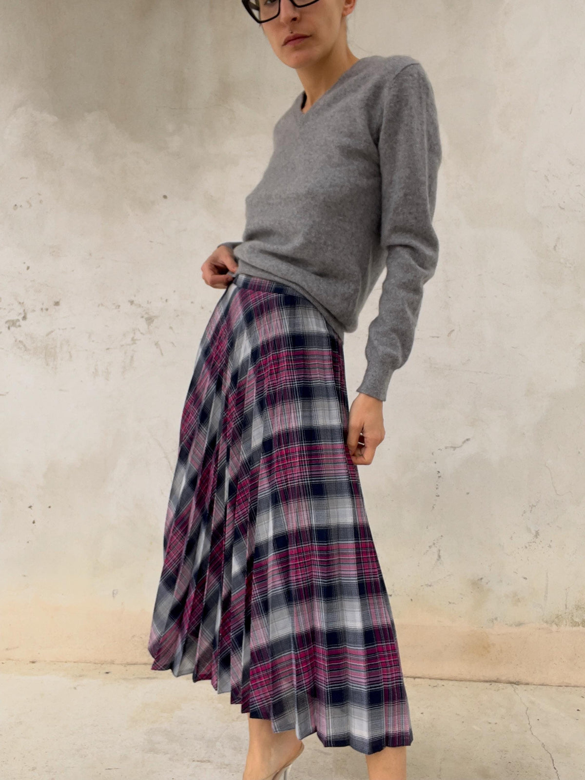 Gonna midi plissettata check Grigio-fuchsia