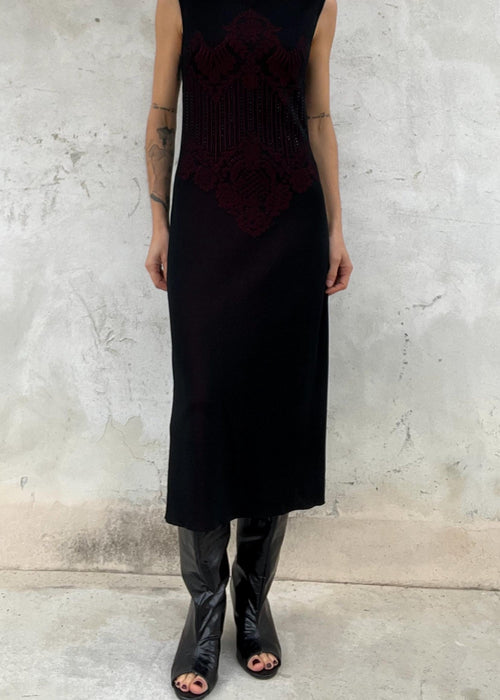 Abito vintage Escada lungo in maglia jacquard nero e rosso