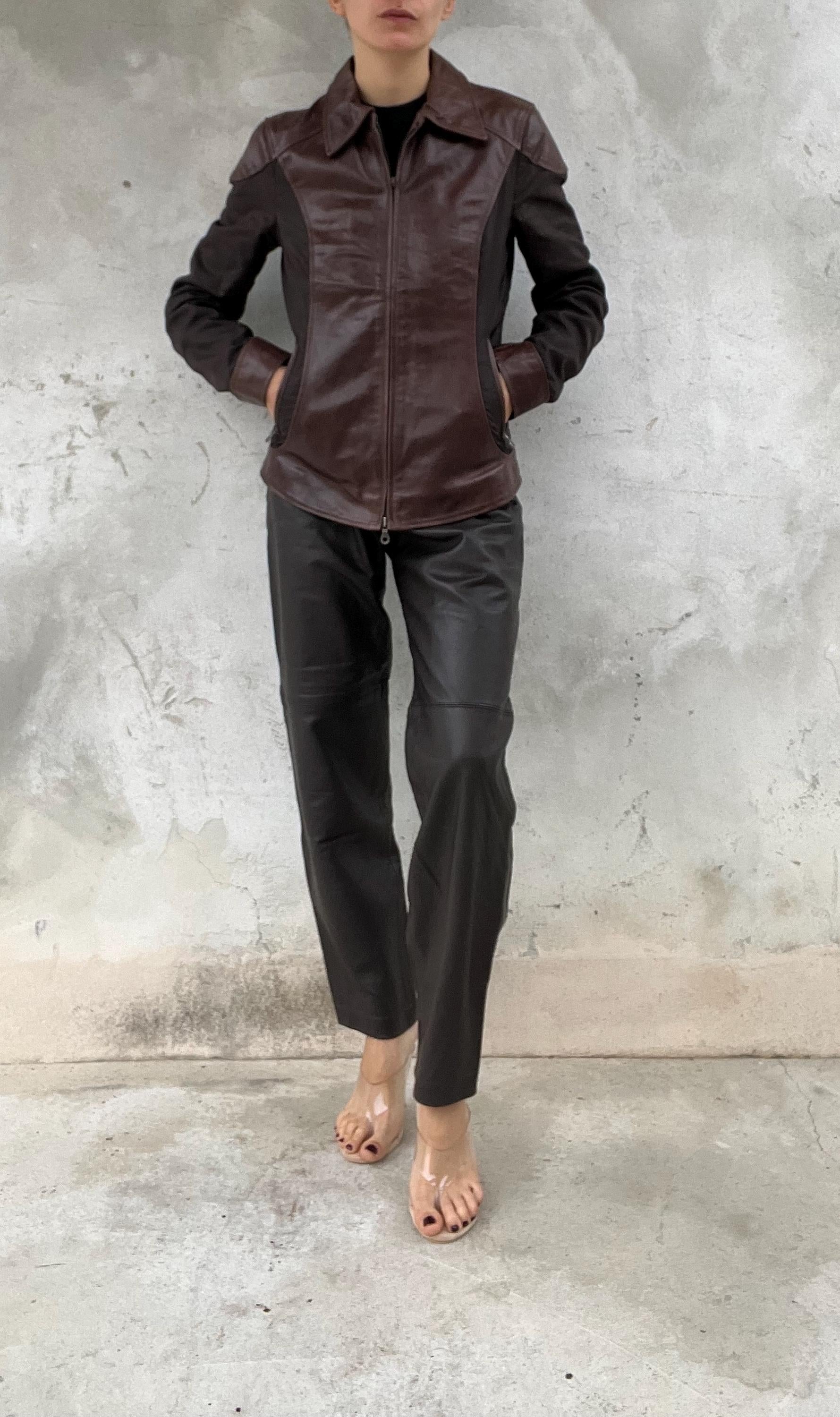 Giacca Vintage Y2K in Pelle Marrone con Inserti Tecnici