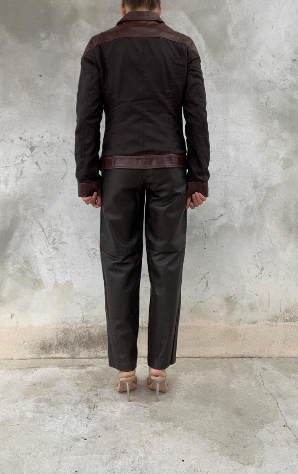 Giacca Vintage Y2K in Pelle Marrone con Inserti Tecnici
