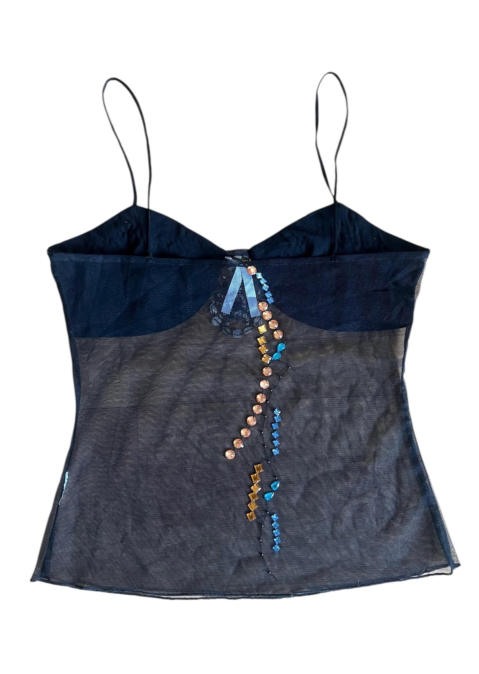 Tulle top nero ricamato con pietre e cristalli