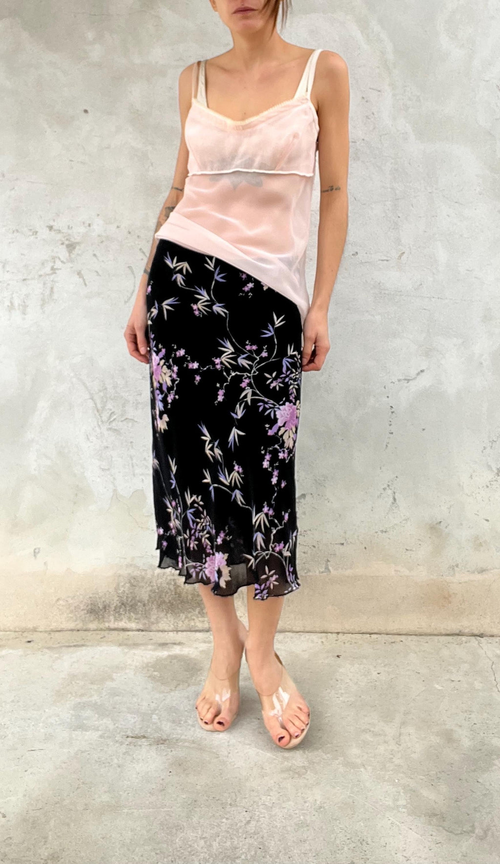 Gonna vintage leggera stampata fiori lilla-viola-rosa