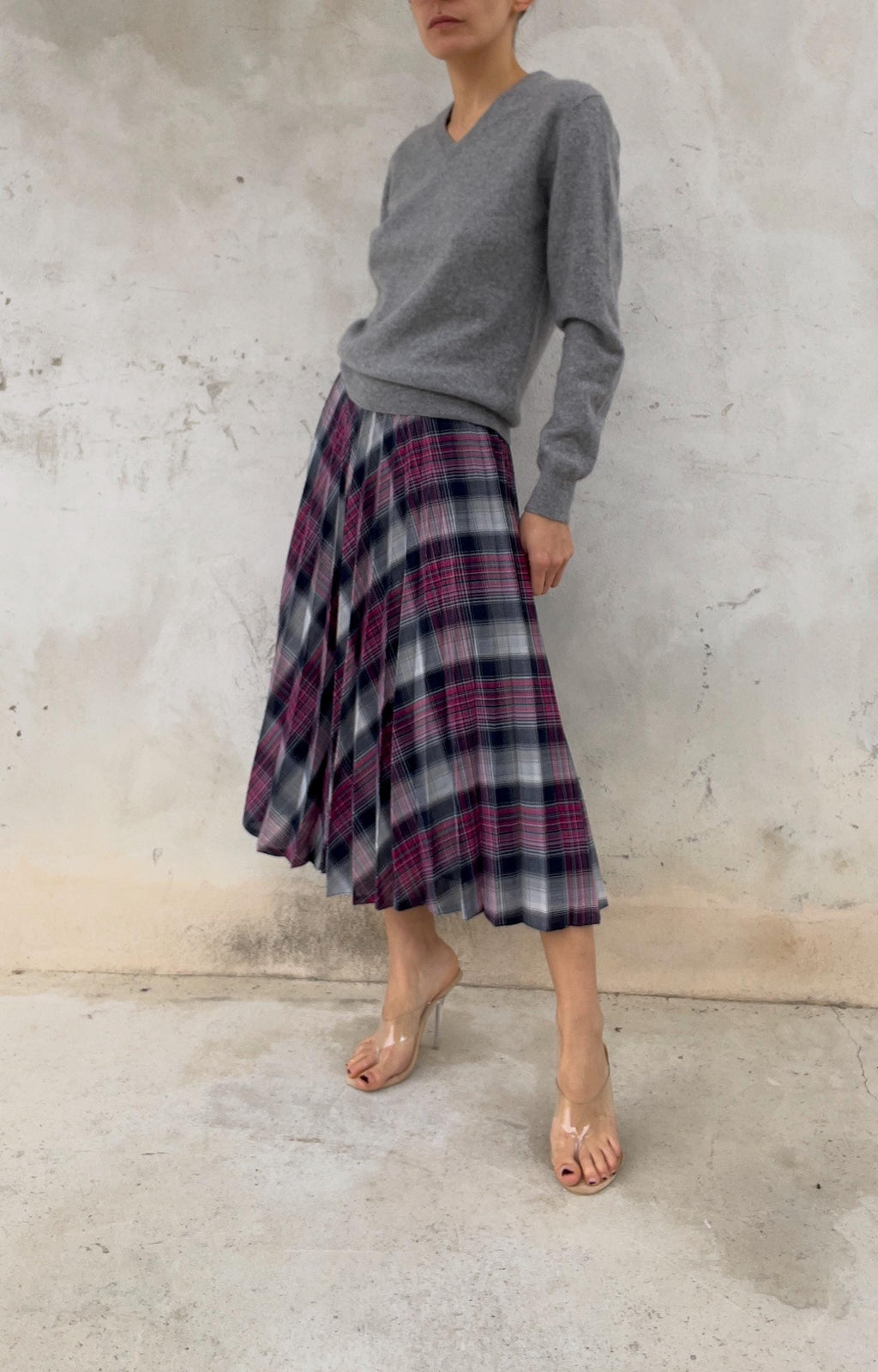 Gonna midi plissettata check Grigio-fuchsia