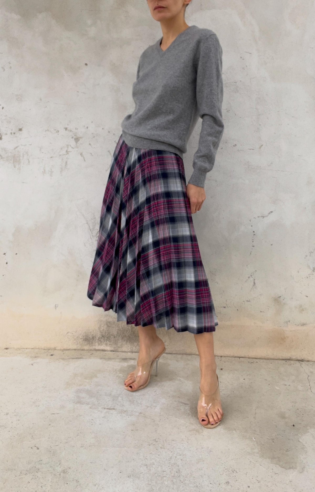 Gonna midi plissettata check Grigio-fuchsia