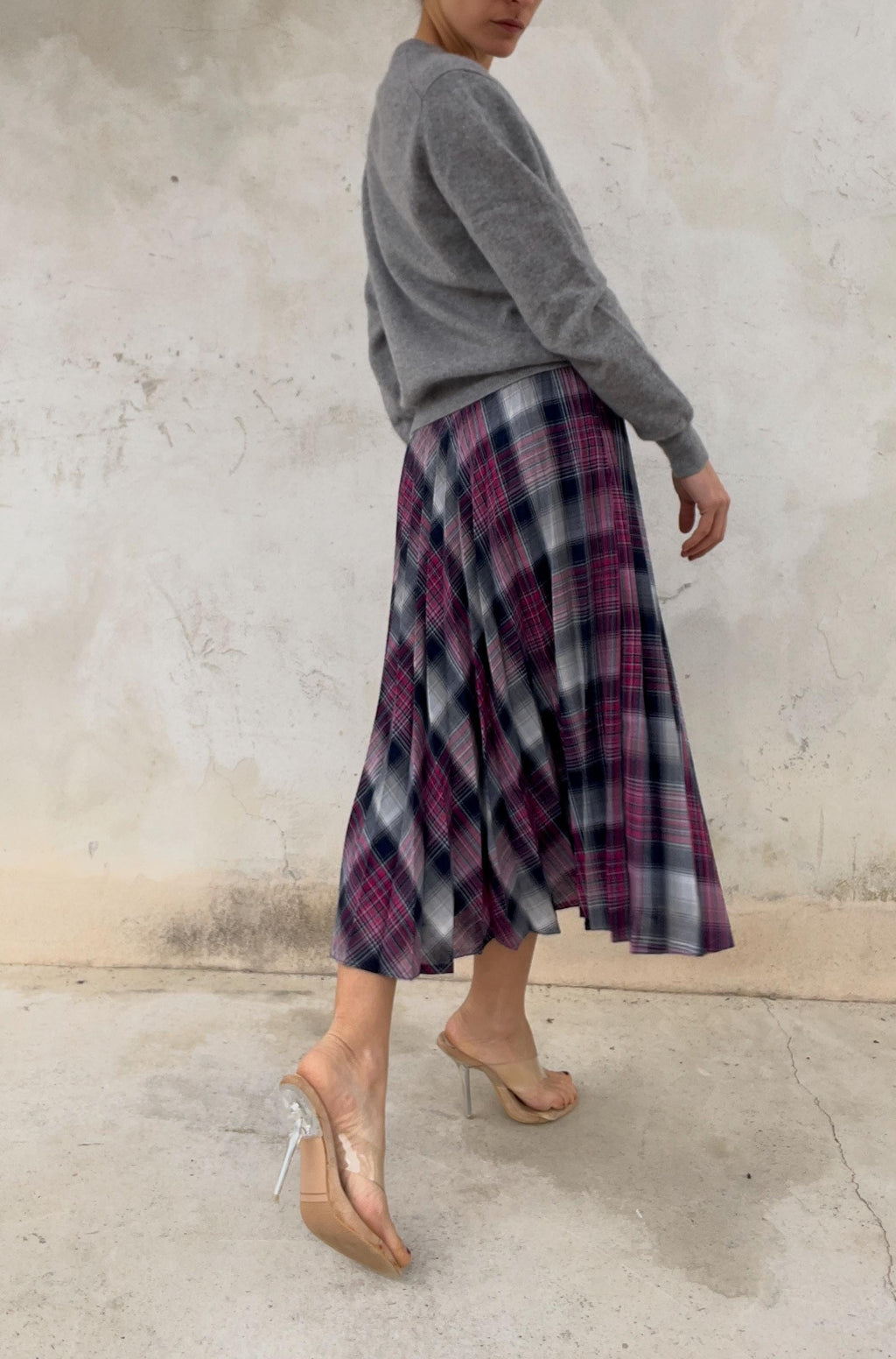 Gonna midi plissettata check Grigio-fuchsia