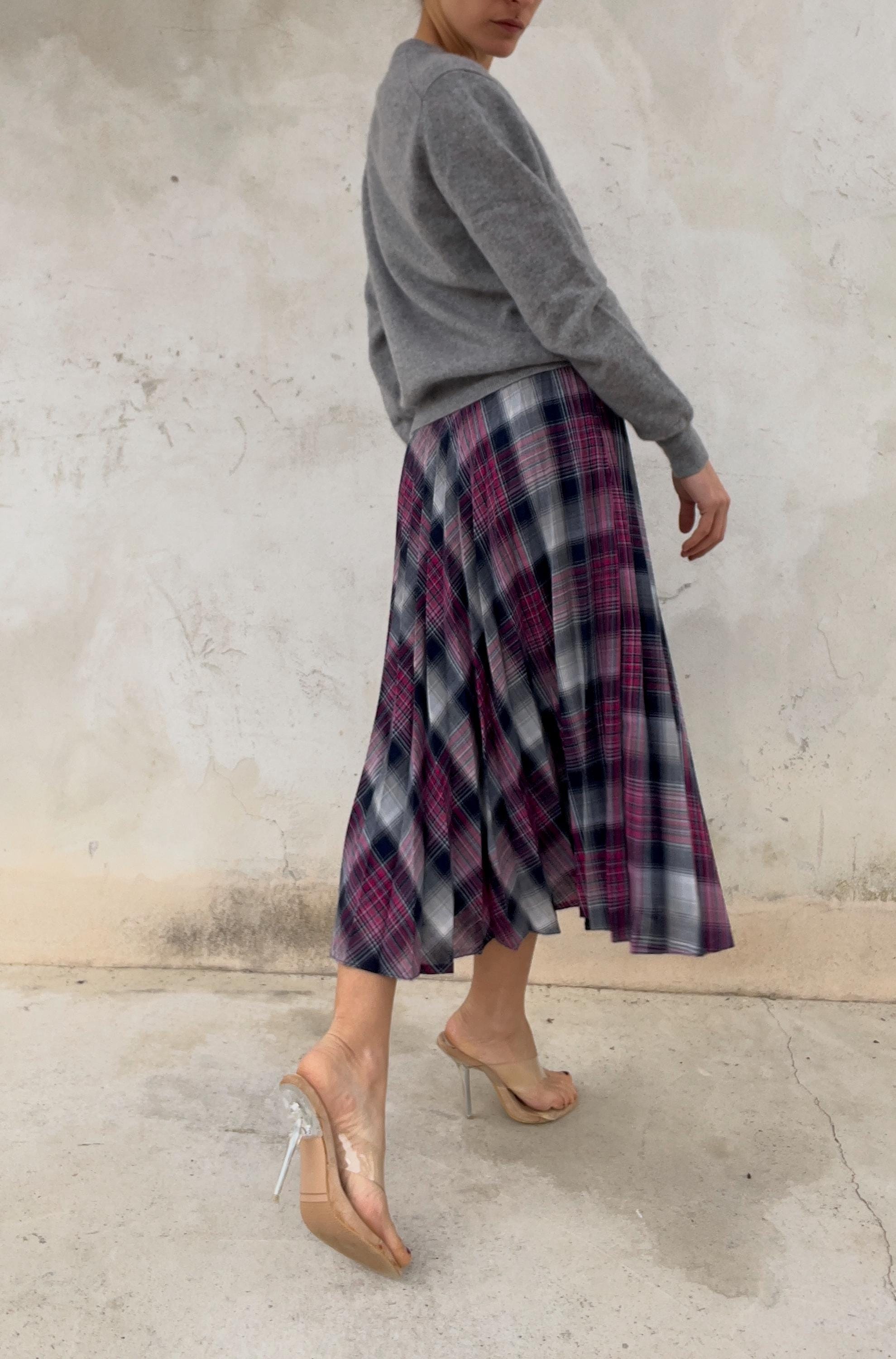 Gonna midi plissettata check Grigio-fuchsia
