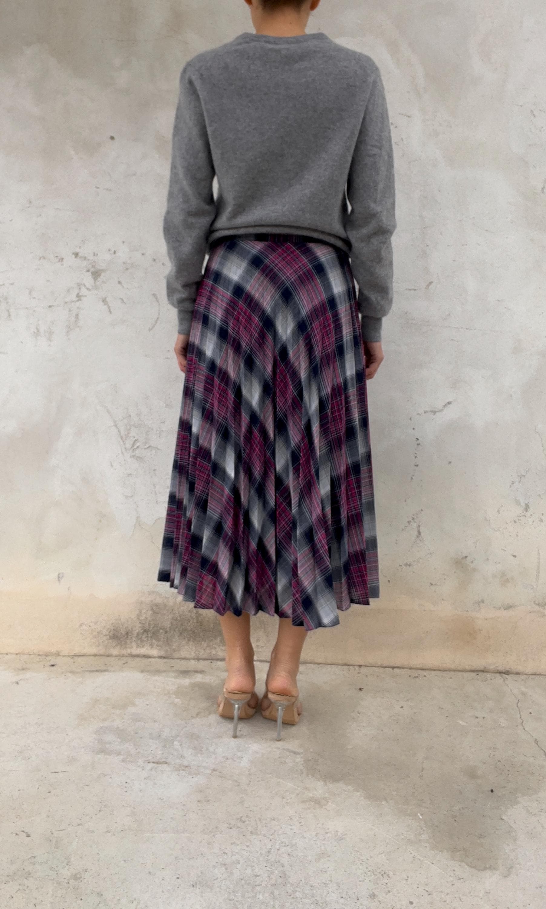 Gonna midi plissettata check Grigio-fuchsia