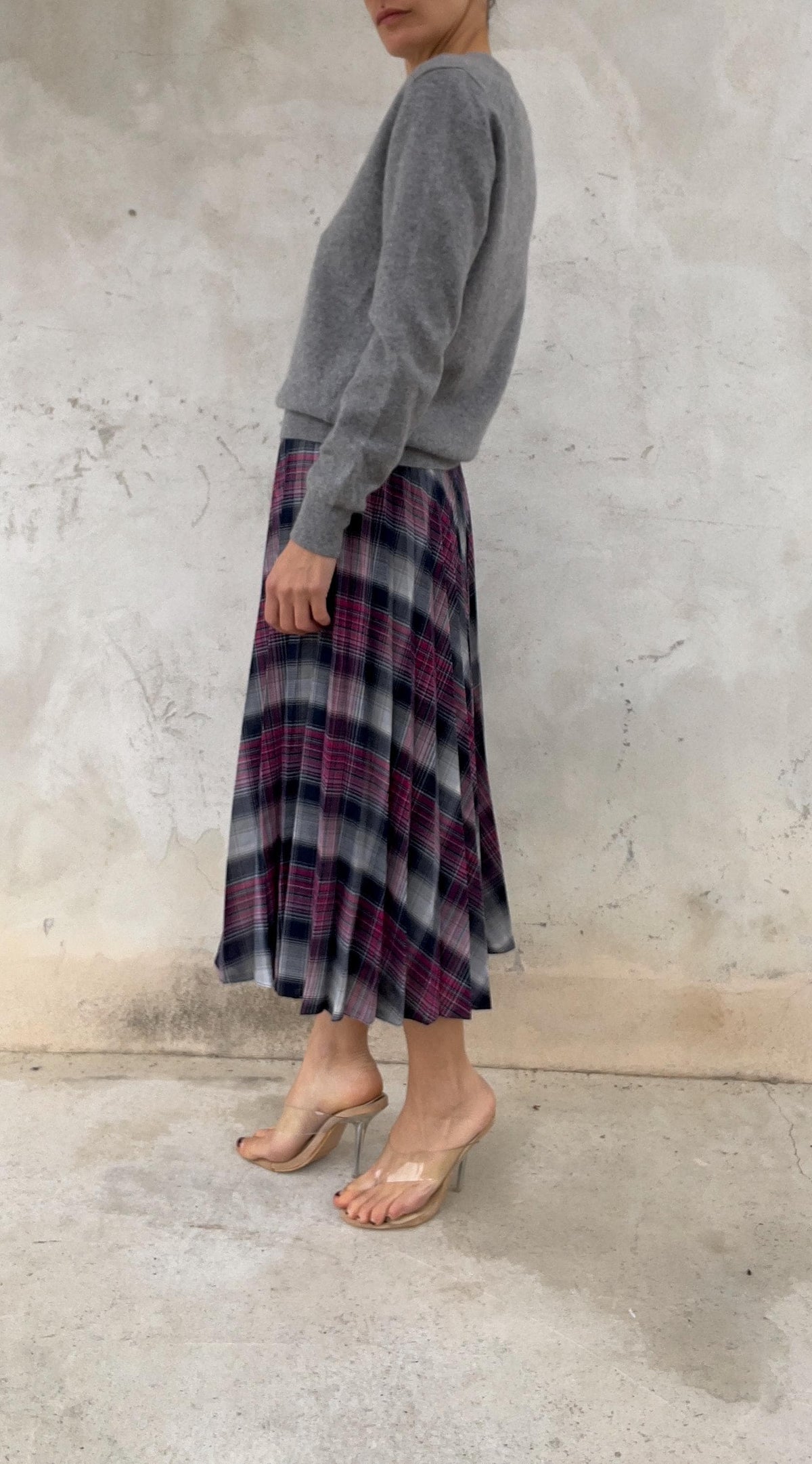 Gonna midi plissettata check Grigio-fuchsia