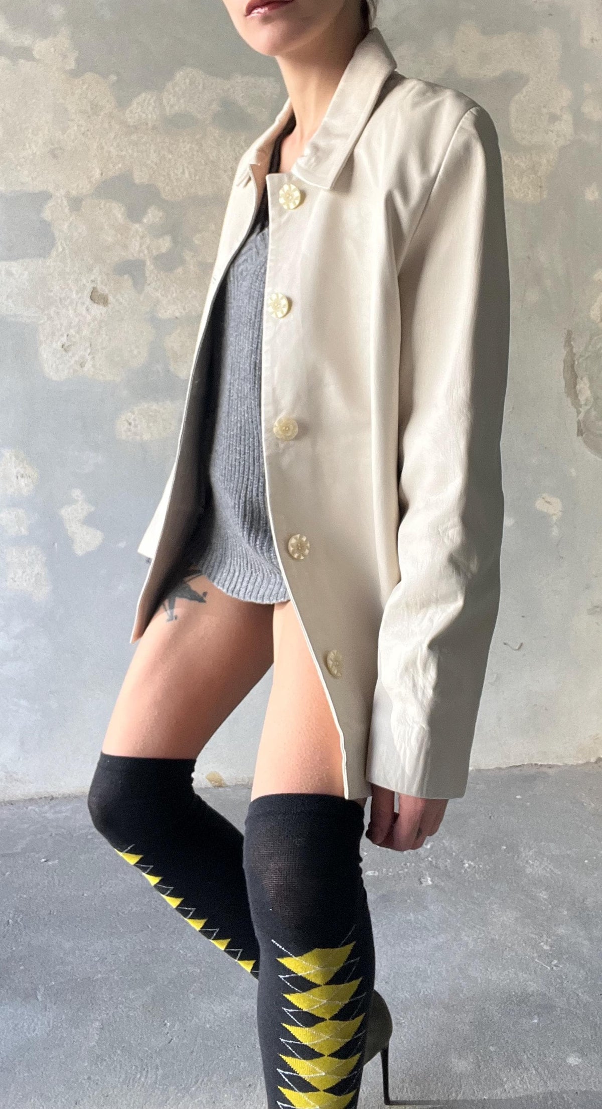 Giacca vintage di pelle chiara panna / beige freddo