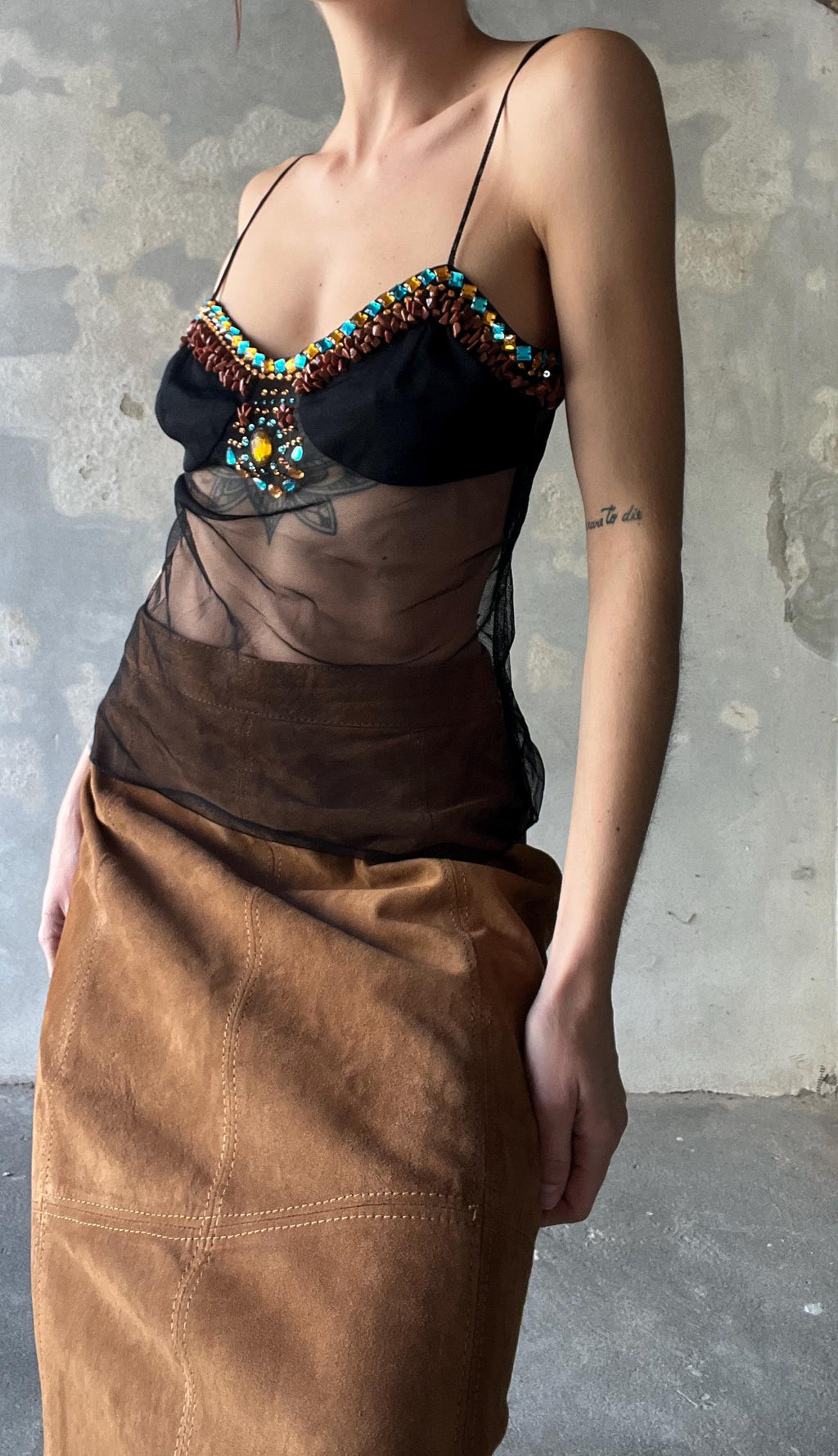 Tulle top nero ricamato con pietre e cristalli