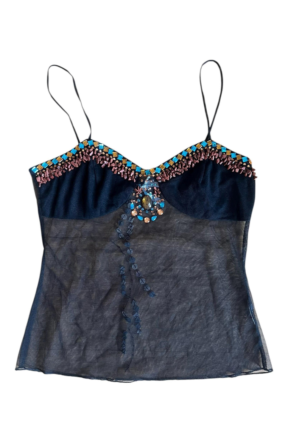 Tulle top nero ricamato con pietre e cristalli